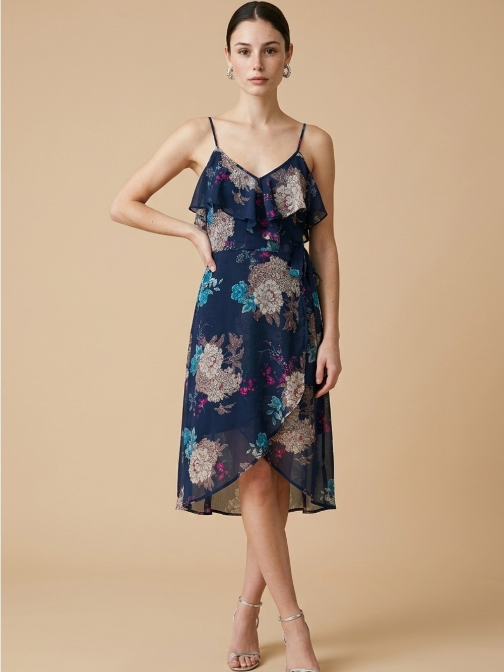 Xhilaration Navy Floral Ruffle semi Wrap  Dress